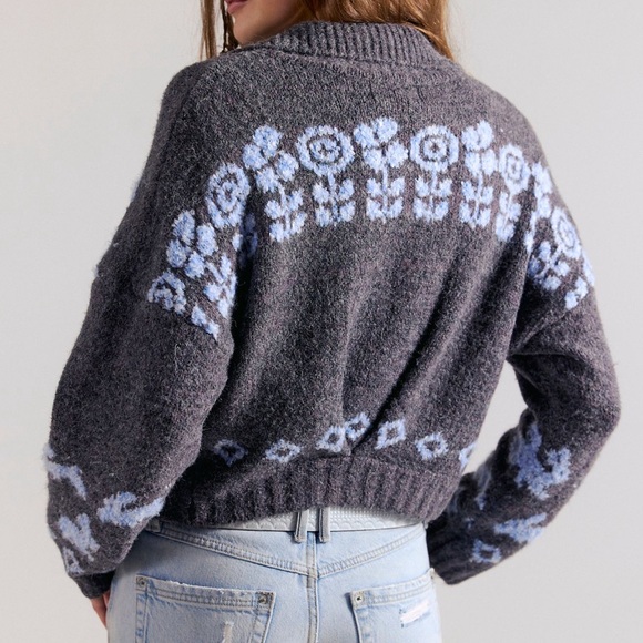 Free People Home Sweet Home Cardi- Charcoal Peri Bunny Print - Picture 4 of 9